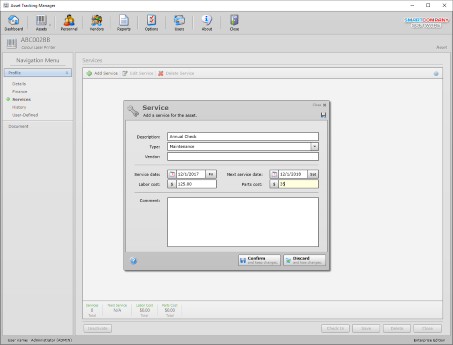 Screenshot of an asset service within the asset tracking software.