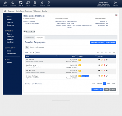 Employee training software screenshot of assigning employee to the training class.