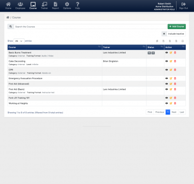 Screenshot of course search for the employee training tracking software