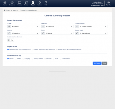Screenshot of course summary report for the employee training record keeping software