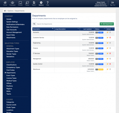 Screenshot of the available departments for an employee