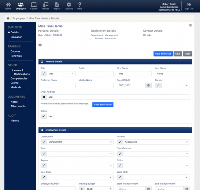 Screenshot of employee detail page search for the employee training management software