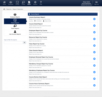 Screenshot of reports module for reporting training management system training.