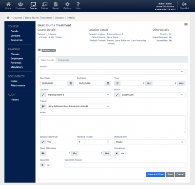 Employee Training software screenshot of training class details.